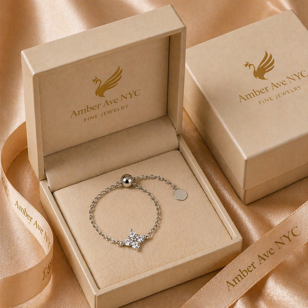 4-Stone Moissanite Chain Ring – Silver - Amber Avenue NYC
