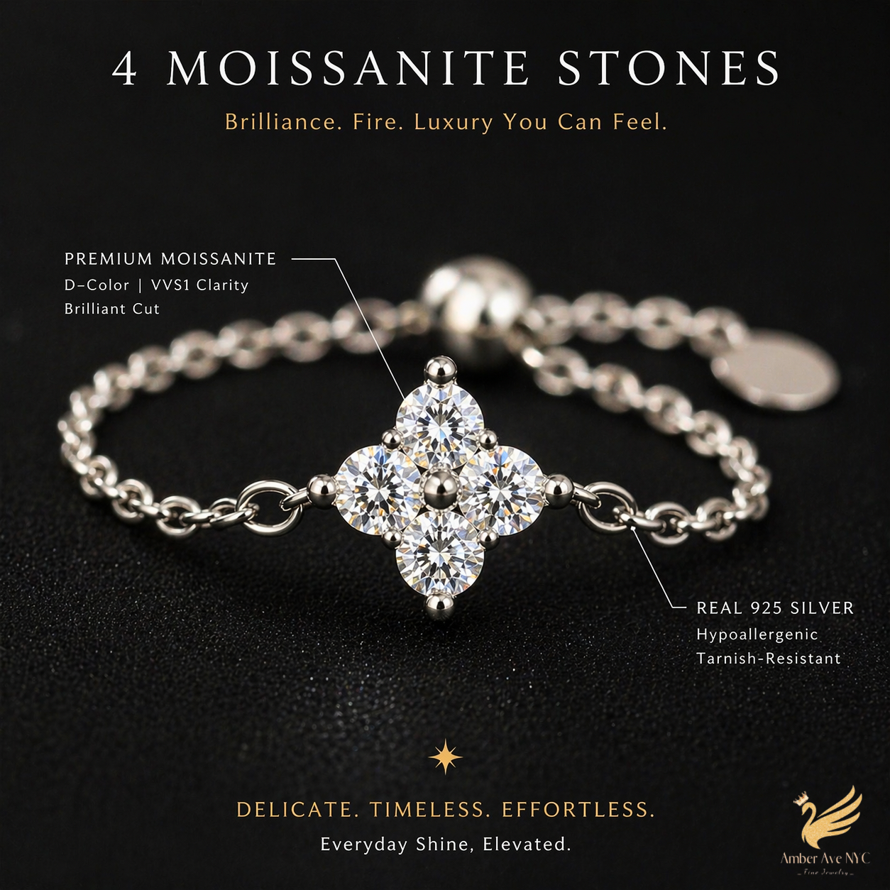 4-Stone Moissanite Chain Ring – Silver - Amber Avenue NYC